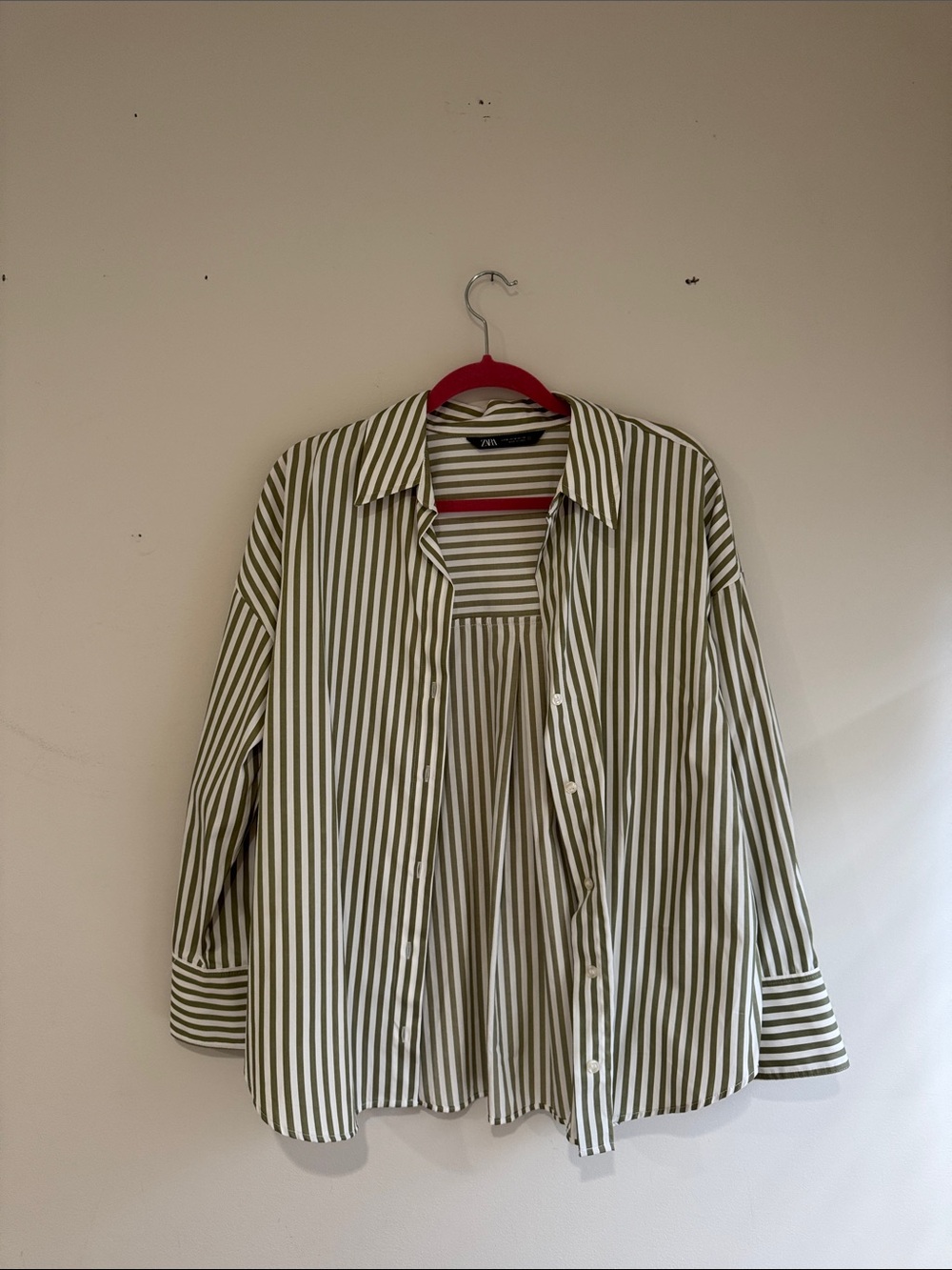 Zara Olive Green and White Striped Button-Down Shirt